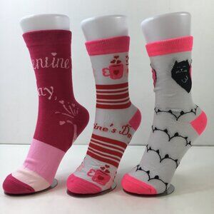 Womens Crew Socks Set 3 Valentines Day Stripes Hearts Cats Coffee Pink Red White